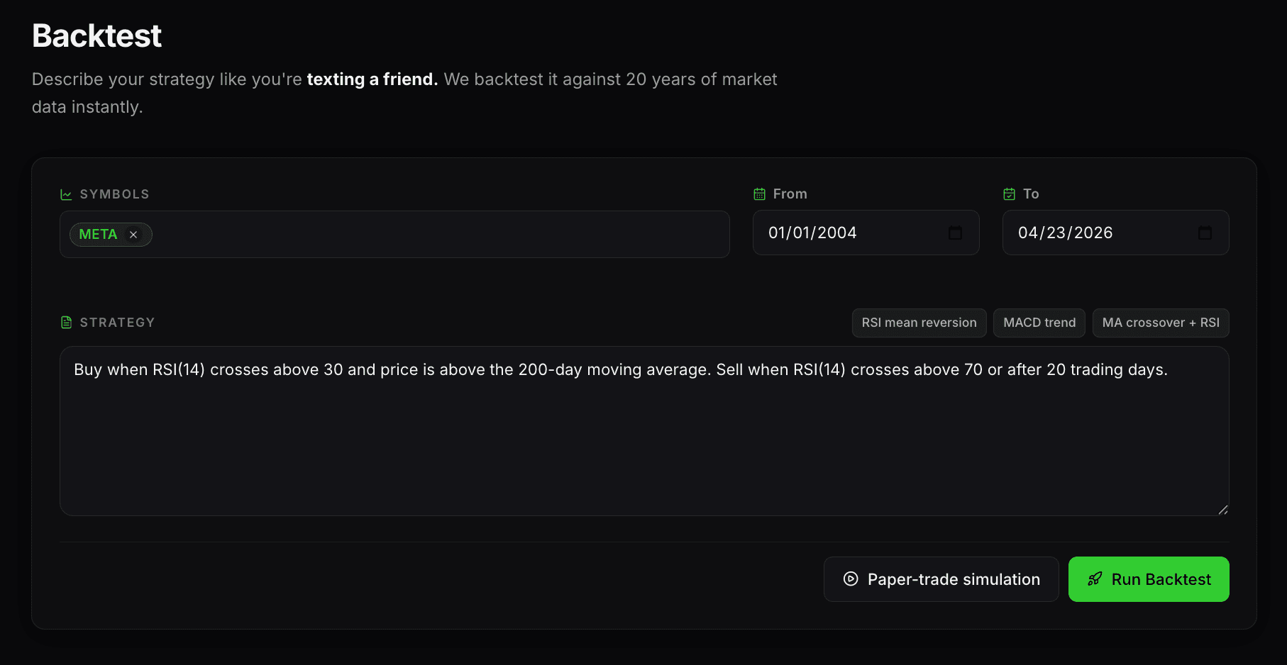 Tenachine backtest interface: a strategy described in plain English, a ticker selector, date range pickers, and a Run Backtest button.